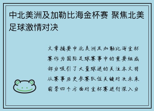 中北美洲及加勒比海金杯赛 聚焦北美足球激情对决