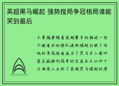 英超黑马崛起 强势搅局争冠格局谁能笑到最后